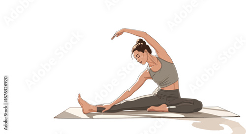 Illustration of a woman practicing side bend stretch on a yoga mat