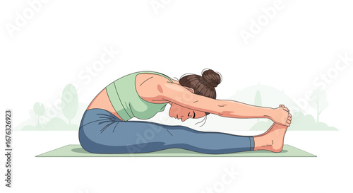 Illustration of a woman practicing seated forward bend yoga pose outdoors