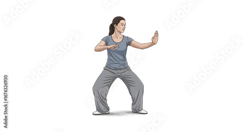 Illustration of a woman practicing Tai Chi Chuan on a white background