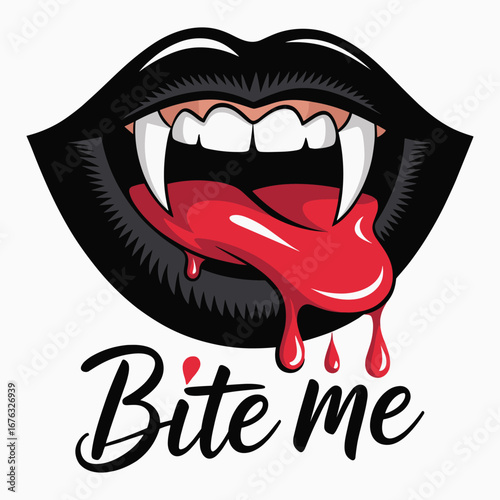 Vampire lips with dripping blood and 'bite me' text for Halloween and gothic themes