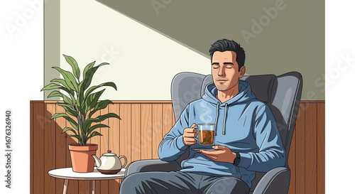 Illustration of serene man relaxing with herbal tea in a cozy corner