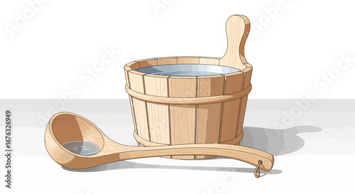 Illustration of traditional sauna accessories, wooden bucket and ladle