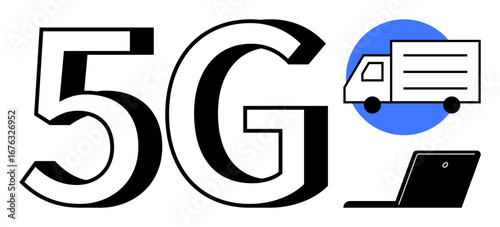 Bold 5G text paired with a truck and laptop, showcasing advanced mobile networks. Ideal for communication, logistics, technology, transportation, efficiency, IoT and speed concepts. A simple flat