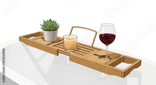 Luxury relaxation scene with wine, plant, and candle on wooden bath tray