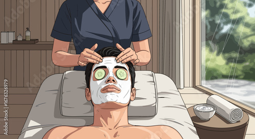 Man enjoying a facial treatment with cucumber slices in spa setting
