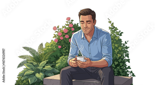 Man Enjoying Peaceful Moment with Coffee Amidst Garden Serenity