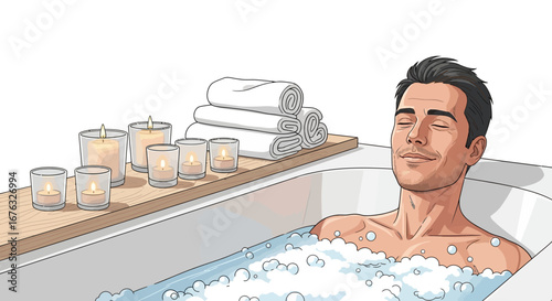 Man immerses himself in a foamy bathtub, enveloped by tranquility and serenity