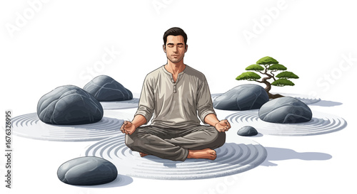 Man practices wellness through zen garden meditation for inner harmony