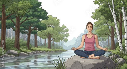 Serene illustration of a woman meditating in a tranquil natural setting
