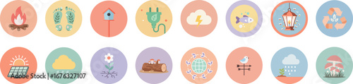 Set of 16 round pastel nature and outdoor icons with clean lines and minimalistic design