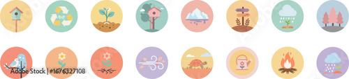 16 flat round badge icons with pastel colors featuring nature and outdoor activity elements