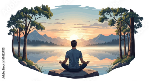 Serene meditation scene at tranquil lakeside at sunrise, achieving inner peace
