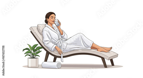 Serene relaxation illustration of woman in robe enjoying beverage poolside