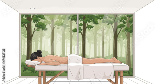 Serene spa retreat with forest view, woman lying on massage bed relax