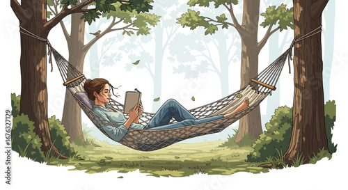 Serene relaxation, girl reading in a hammock amidst a tranquil forest scenery