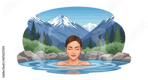 Serene woman enjoying relaxing bath with a mountainous alpine backdrop