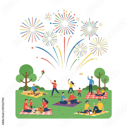 A vibrant illustration of a park scene with people enjoying a picnic and watching fireworks.