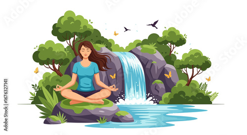 Serene woman meditates near waterfall in nature's peaceful embrace
