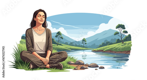 Serene woman meditating peacefully by a tranquil river with mountain view