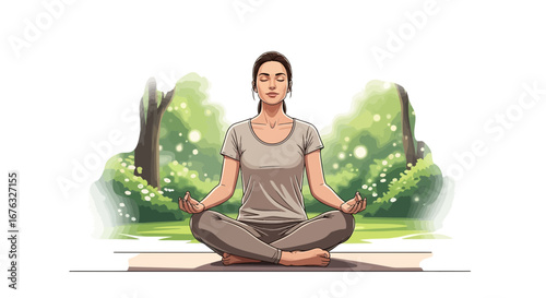 Serene woman practices yoga in nature for mental well-being focus