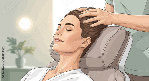 Serene woman receiving scalp massage for relaxation and beauty therapy
