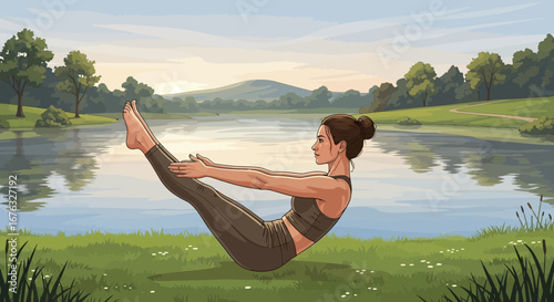 Serene yoga practice, woman in boat pose by calm lake landscape