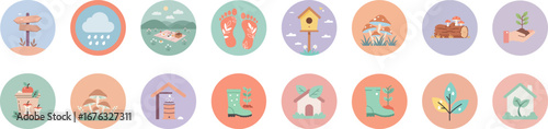 Set of 16 flat pastel nature-themed icons in round badges on white background