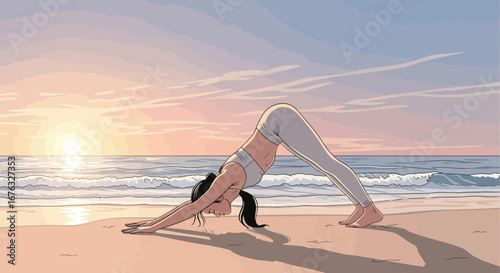Woman practicing downward-facing dog yoga pose on tranquil beach at sunset