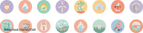 16 circular icons in a grid representing environmental sustainability themes