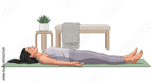 Woman practicing relaxation pose at home for wellness and self-care routine