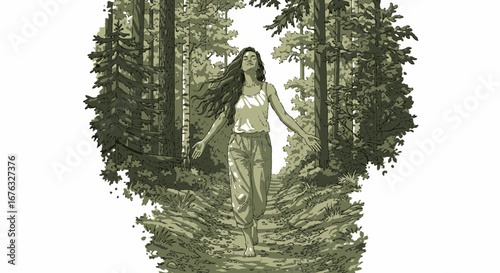 Woman peacefully strolls through a forest, enjoying nature's tranquility