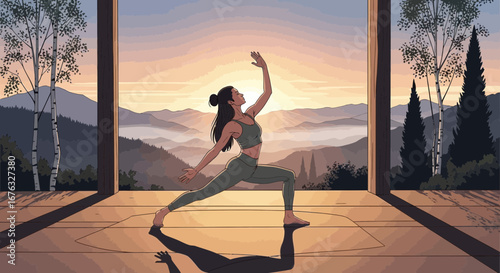 Woman practicing yoga inside studio with peaceful mountain landscape view