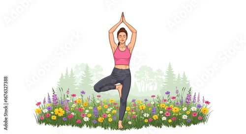 Woman practicing tree pose in a meadow surrounded by colorful flowers