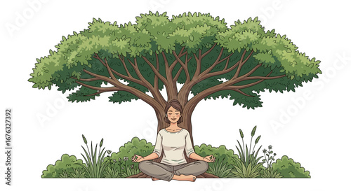 Woman practicing yoga under lush tree for mindfulness and relaxation