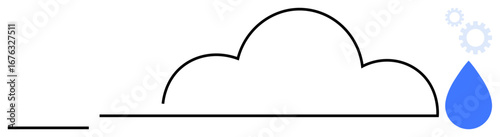 Outline of a cloud, gears symbolizing technology, and a blue water drop visualizing data flow. Ideal for cloud computing, digital transformation, data integration, innovation, simplicity, storage