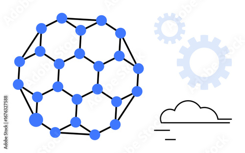 Blue interconnected spherical network with nodes and links next to gears and cloud symbolizing technology, connectivity, collaboration, and innovation. Ideal for AI, networking, cloud computing, data