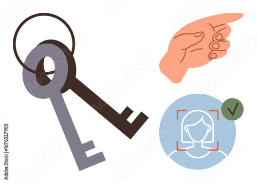 Keys on a keyring, human face in biometric scan with approval checkmark, and hand pointing right. Ideal for security, access control, technology, identification, privacy, permissions digital safety