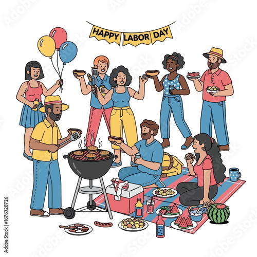 A diverse group of people enjoying a Labor Day barbecue with food, drinks, and balloons.