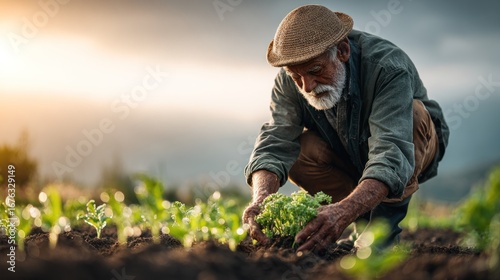 A seasoned farmer carefully plants a young seedling in the fertile soil, bathed in the warm glow of the setting sun.
