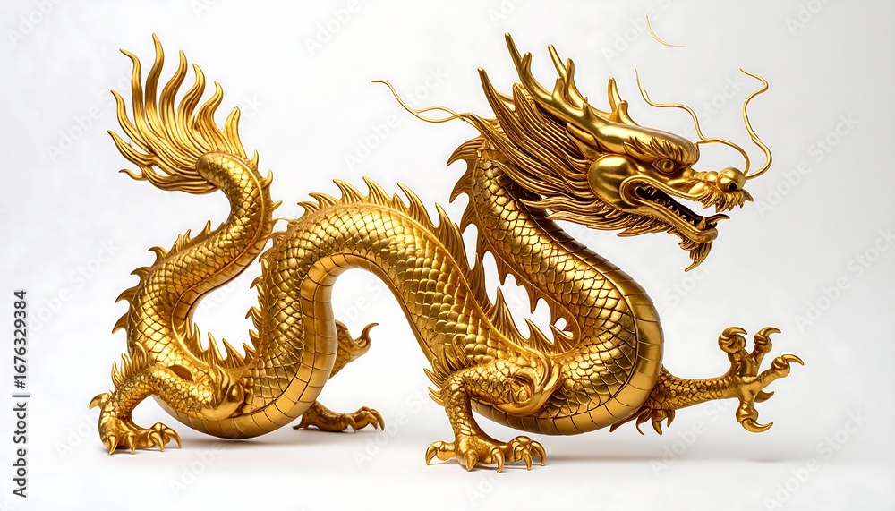 Fototapeta premium Majestic golden dragon sculpture coiled elegantly, showcasing intricate details and textures