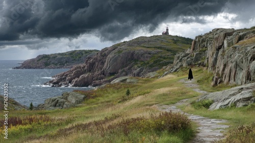 A figure in a dark cloak walks a path along a rugged coastline under a stormy sky.