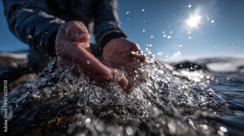Close-up view of hands cupping fresh, cool water splashing from a mountain stream, showcasing the natural beauty of a pristine environment.