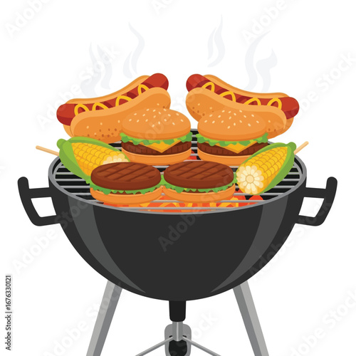 A charcoal grill filled with hot dogs, hamburgers, and corn on the cob, all cooking over flames.