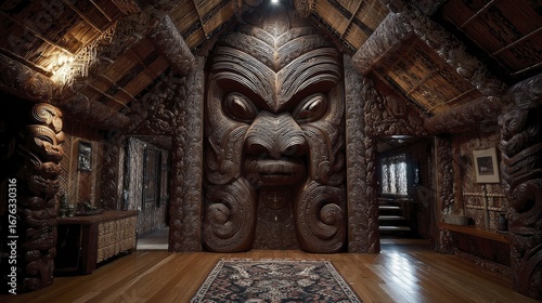 Intricate wood carvings adorn a spacious, traditional interior.