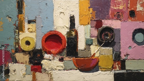 A vibrant and textured still life composition showcases a collection of bold, geometric forms and rich, contrasting colors.