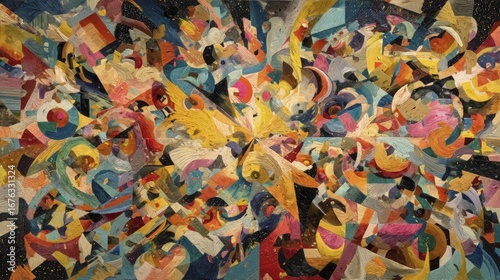 A vibrant, colorful abstract composition showcases a dynamic interplay of shapes and colors, creating a visually engaging and complex artistic expression.