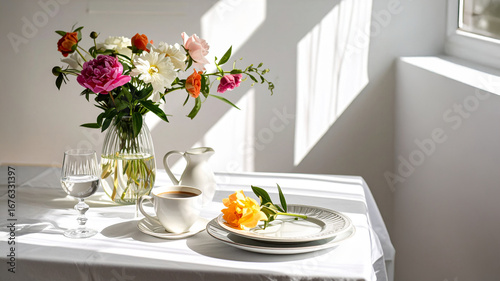 Wallpaper Mural  A serene still life featuring a beautifully set table with a large glass vase of vibrant peonies and other flowers. The morning sunlight casts dramatic shadows, illuminating a cup of coffee and a sin Torontodigital.ca
