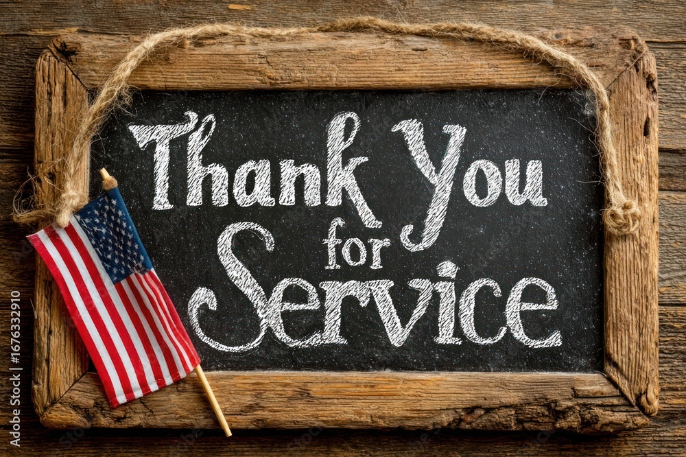 Fototapeta premium Chalkboard with 'Thank you for your service' message and American flag for Veterans Day tribute