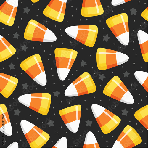 A playful and colorful vector seamless pattern of scattered candy corn treats on a black starry background for Halloween celebration
