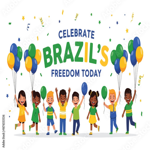Happy Brazilian Children Celebrate Independence Day with Balloons.